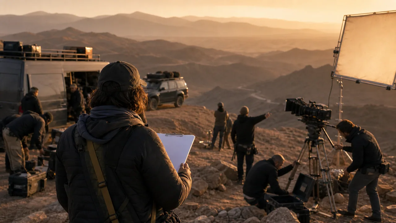 A production crew coordinating a location shoot in Morocco.