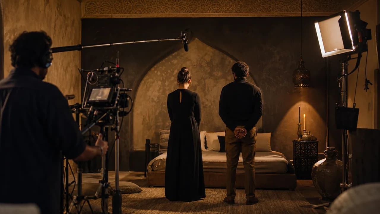 A fiction scene being prepared on a film set.