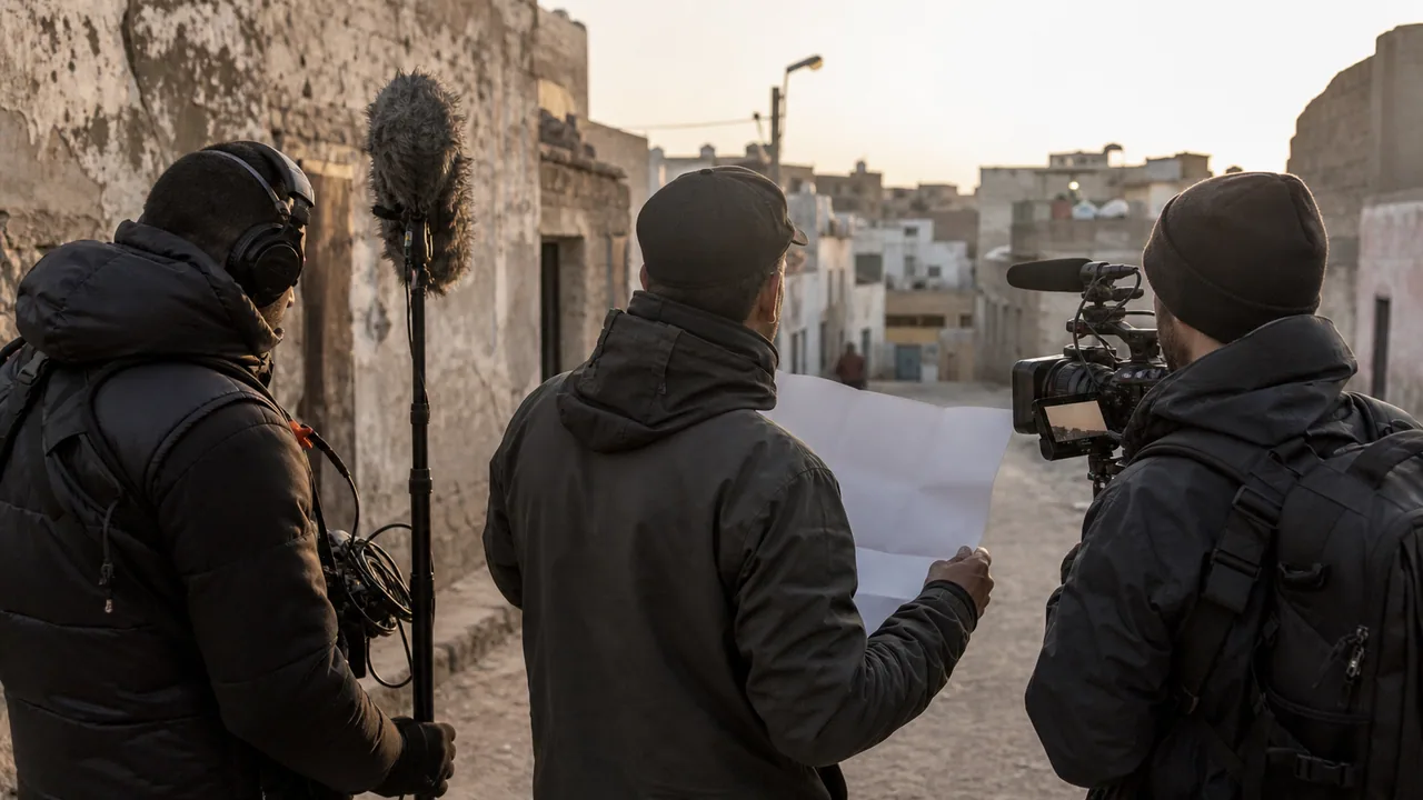 A field production team scouting a Moroccan location.
