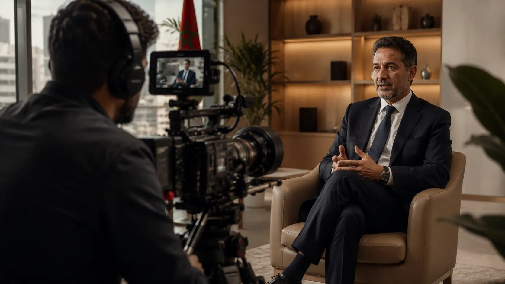 An institutional interview being filmed.