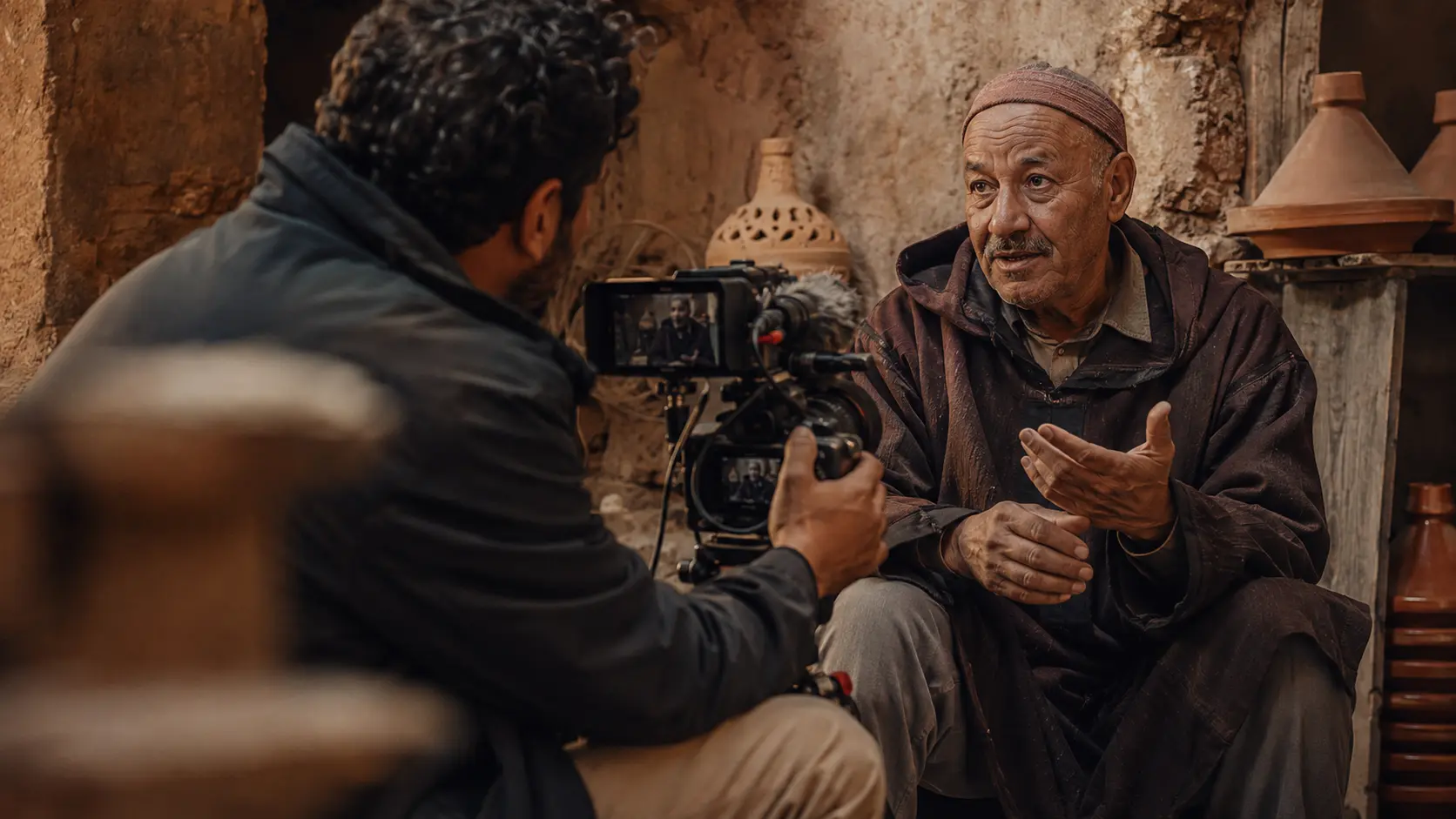 A documentary crew filming on location.